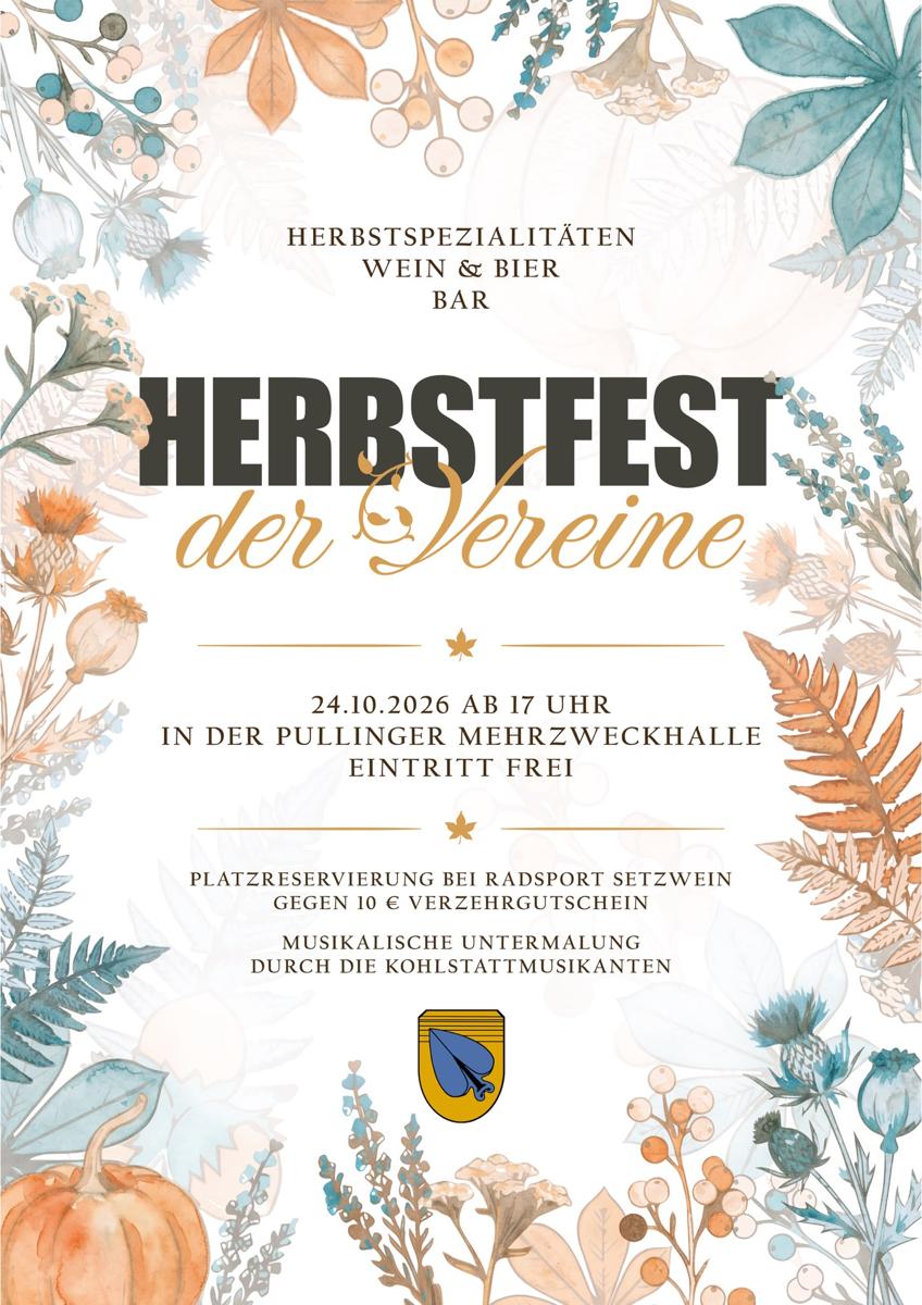 Plakat Herbstfest der Vereine am 24. Oktober 2026, ab 17 Uhr, Mehrzweckhalle Pulling